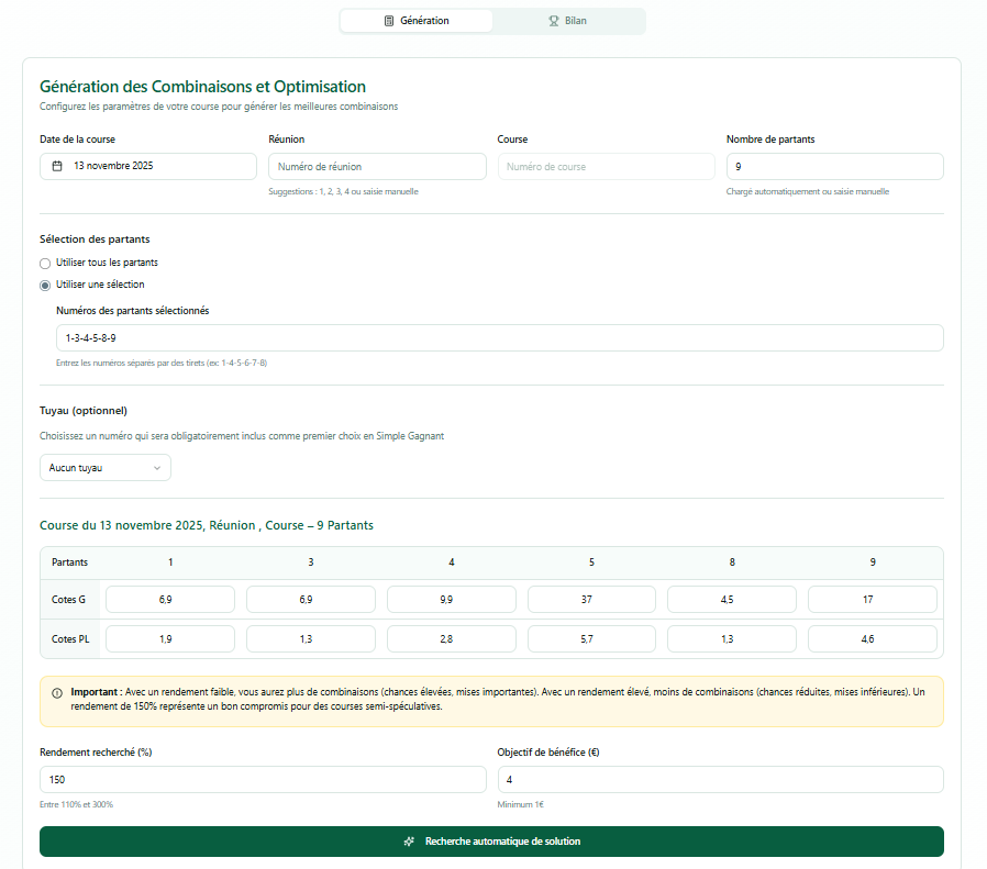 Tableau de saisie des chevaux et options